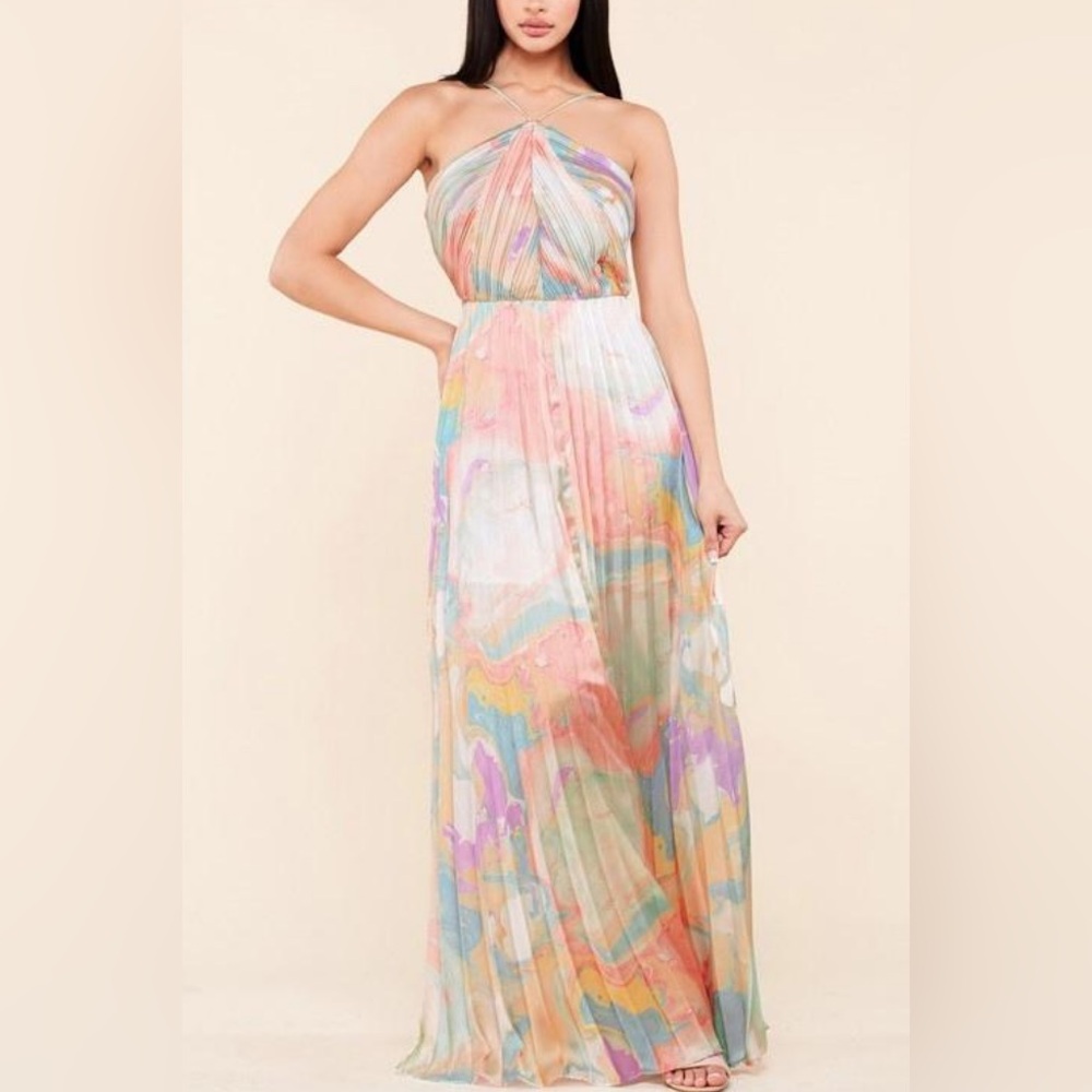 Bump biddy pastel marble satin pleated maxi dress nwt